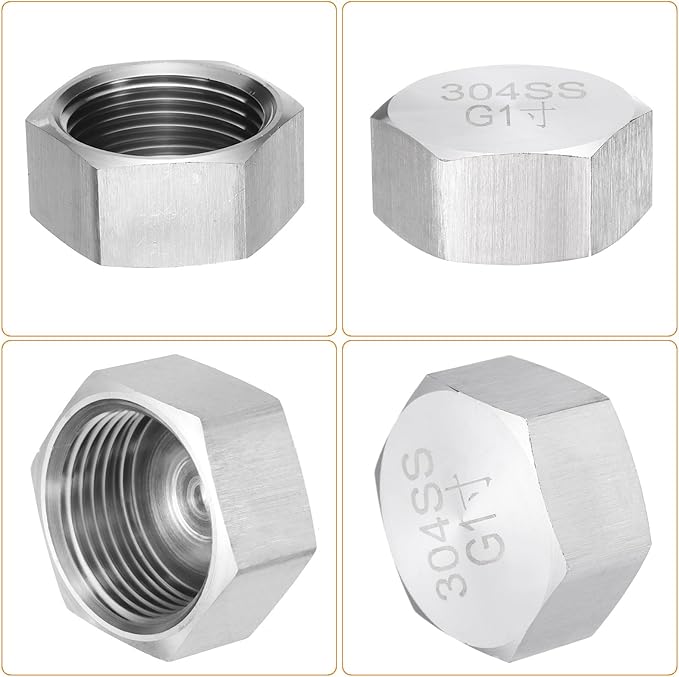 uxcell 2pcs Hex End Cap 304 Stainless Steel Nut with Washer, G1" Female Thread Pipe Fitting, Gas Line Water Line Stop Valve Cap Tubing Ends for Plumbing Fittings, Silver Tone