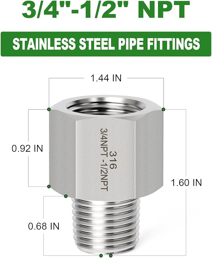 TAISHER 2PCS Forging of 316L Stainless Steel Pipe Fitting, Reducer Adapter, 1/2" NPT Male x 3/4" NPT Female, Reducing Pipe Adapter Fitting