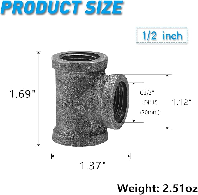 1/2" Pipe Fitting Tee, 20 Pack DN15 Gray Threaded Cast Malleable Iron Tee for Steampunk Vintage Shelf Bracket DIY Plumbing Pipe Decor Furniture (20, 1/2")