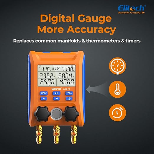 Elitech Digital Manifold Gauge 2-Way Valve with Thermometer Clamps for HVAC Systems, LMG-10Plus