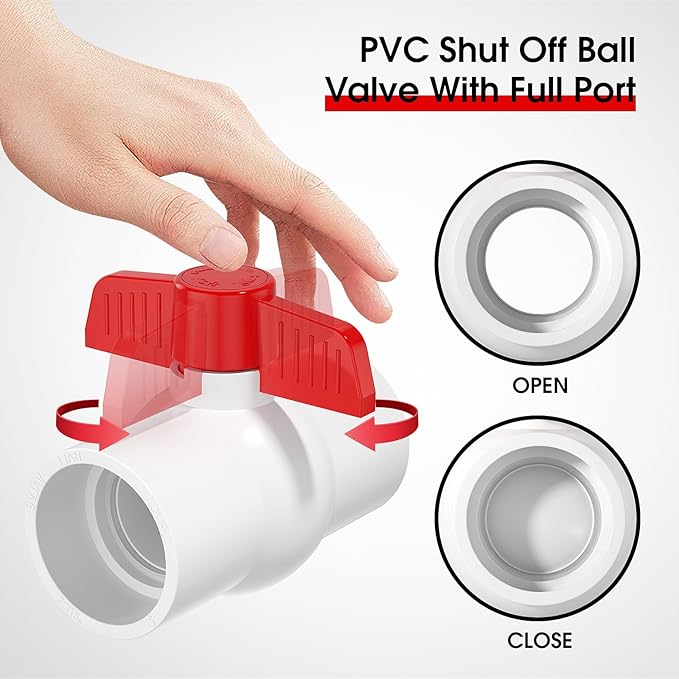 2PCS 2" PVC Ball Valve, SCH40 Slip PVC Water Pipe Valve with Easy Turn Red T-Handle, Shut-Off PVC Ball Valve Socket for Swimming Pool, Sprinkler Lines, Outdoor Plumbing & Irrigation System