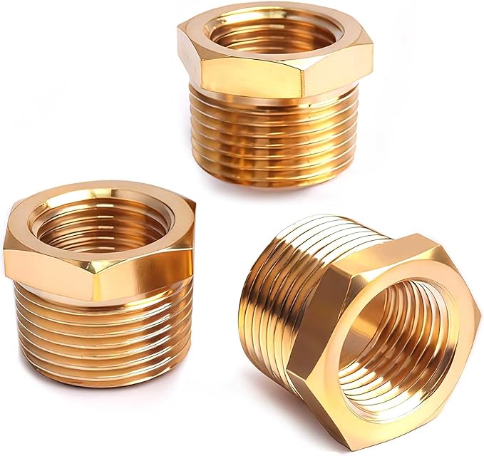 3/4" NPT Male to 1/2" NPT Female Brass Hex Bushing Reducing Bushing Pipe Fitting, Brass Fitting Reducer Adapter 3 Pack