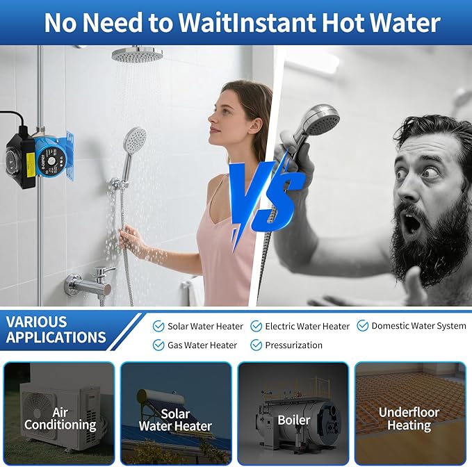 Compatible Watts 0955805,Grundfos 595916 OEM Hot Water Recirculating Pump Kit With Built-in Timer,Includes 2 Brass Sensor Valves(WP596816),4 Supply Lines,Super Quiet Get Instant Hot Water & Save.