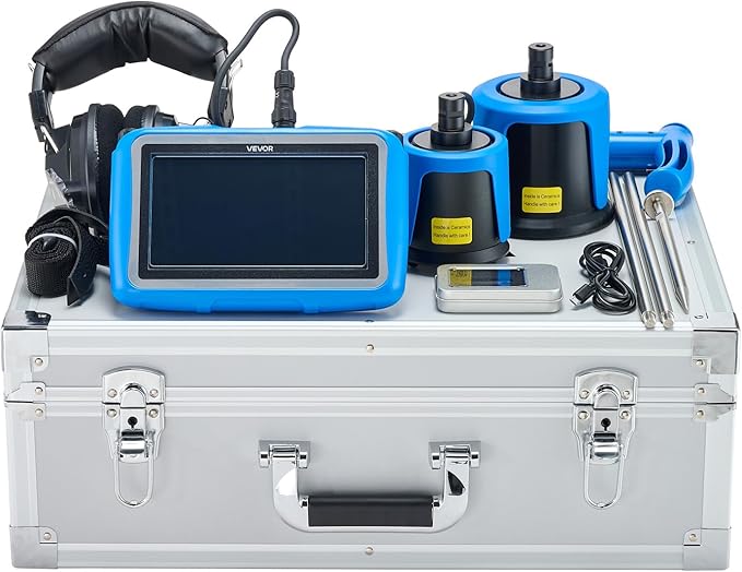 VEVOR Pipe Water Leak Detector for Outdoors, 1Hz-10000Hz, 7" Touchscreen Leakage Detection Locator for 16.4FT (5m) Underground Plumbing - with Medium & Large Sensor, 3 Listening Rods, Headphone & Case