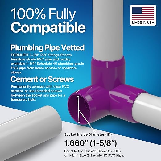 FORMUFIT 1-1/4" 3-Way Elbow Furniture Grade PVC Fitting in Purple, Made in USA, UV-Resistant, Impact-Proof, 1.660" Actual Socket Diameter (Pack of 4)