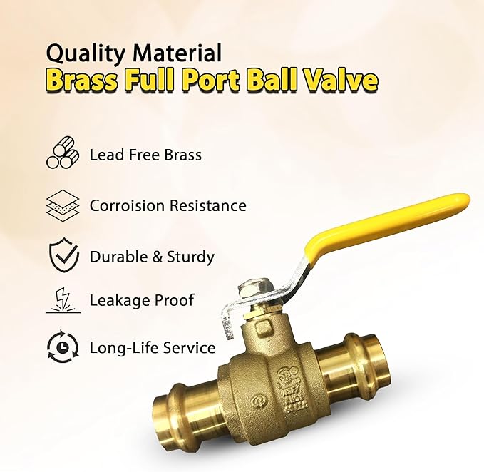 Propress Brass Ball Valve - Press Shut Off Ball Valve with EPDM O-ring Fit Both End - Premium Water Stop Shut Off Tool with Connections (Pack of 5, 1')