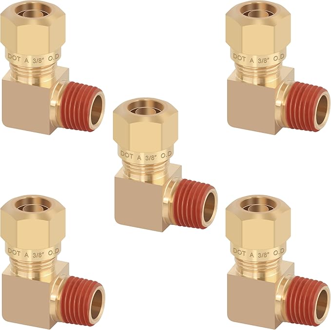 5PCS Air Brake Nylon Tubing Brass 90 Degree Union Elbow Joint DOT Approved 3/8" Tube OD x 1/4" NPT Thread Air Line Adapter Air Suspension Kit for Truck Trailers and Air Brake System