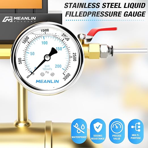 MEANLIN MEASURE 0~3000Psi Liquid Filled Pressure Gauge Stainless Steel with 316 Stainless Steel Joint 1/4" NPT 2.5" FACE DIAL for WOG Water Oil Air Center Back Mount