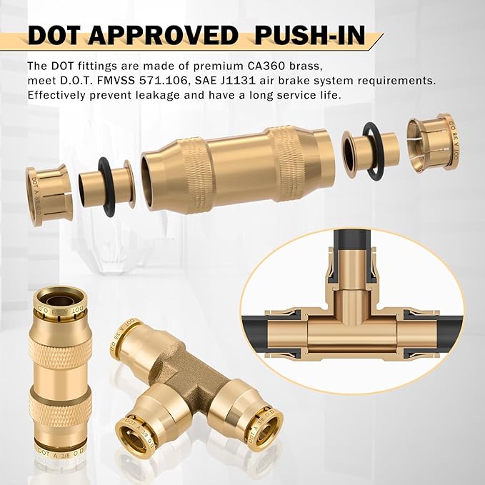 CheeMuii 35 PCS Brass DOT Air Line Fittings Kit 1/4 3/8 1/2 DOT Quick Connect Air Fittings Straight & Tee Union Push to Connect Air Hose Fittings for Semi Truck Trailers Air Brake System