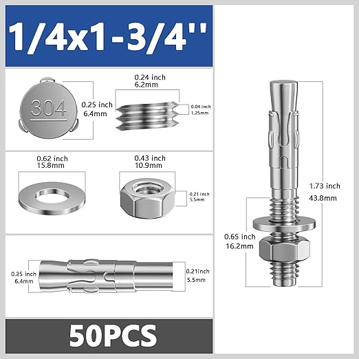 50Pcs 1/4x1-3/4 Inch Standard Fasteners for Heavy-Duty 304 Stainless Steel Wedge Anchors for Cement and Concrete
