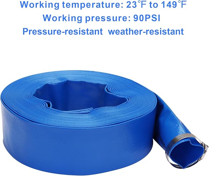 Lay-Flat Pool Backwash Hose - 2" x 50Ft Reinforced Heavy Duty PVC Discharge Hose Weather-Proof Vinyl Pool Drain Hose for Water Transfer with 2 clamps