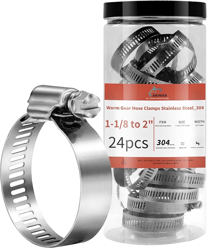 24 Pack 1 1/8" - 2" Worm Gear Hose Clamps, Adjustable Range 27-51mm 304 Stainless Steel Fuel Line Hose Clamps for Pipe, Plumbing, Automotive and Mechanical Application
