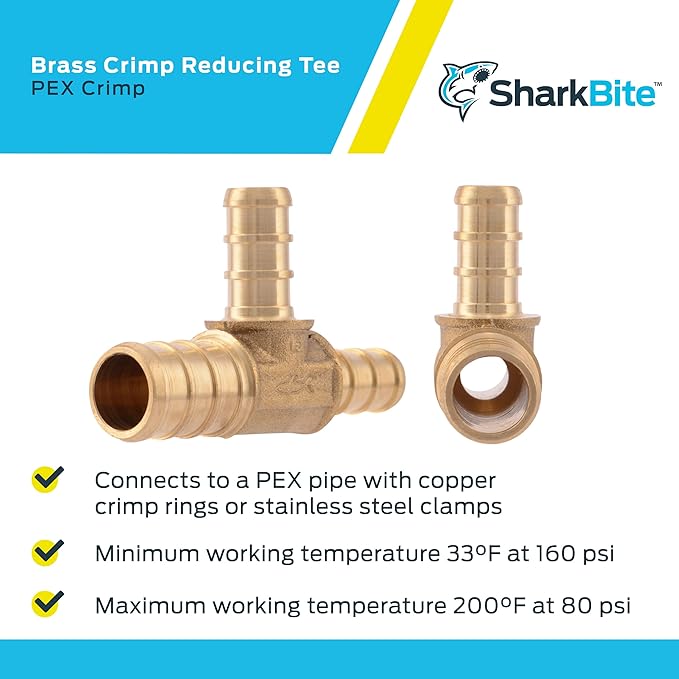 SharkBite 1/2 Inch x 3/8 Inch x 3/8 Inch Crimp Reducing Tee, Brass Plumbing Fitting, PEX Pipe, PE-RT, UC452LFA