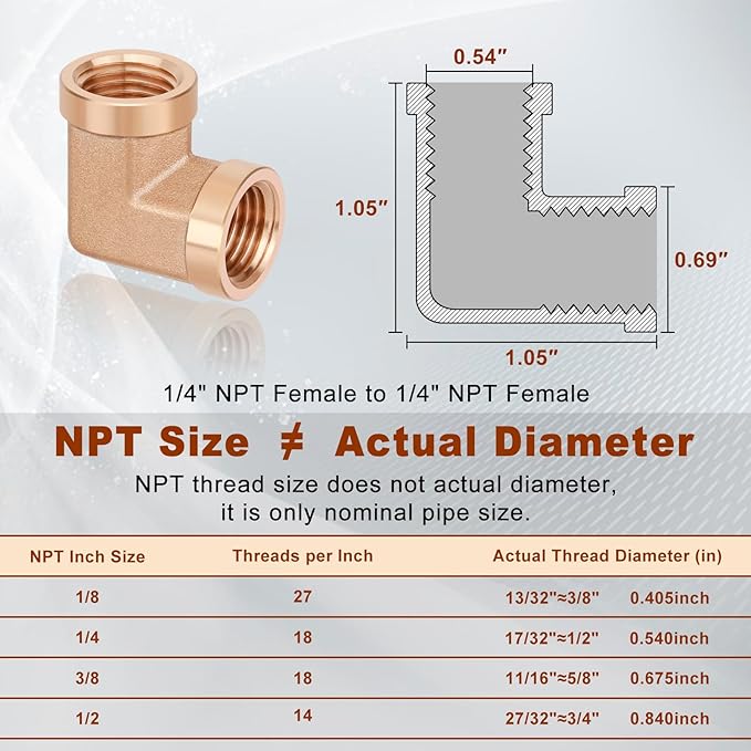 2pcs 1/4” Brass Fittings 90 Degree Barstock Street Elbow 1/4" NPT Female Pipe to 1/4" NPT Female Pipe 1/4 NPT Female Elbow Forged Brass Pipe Fittings