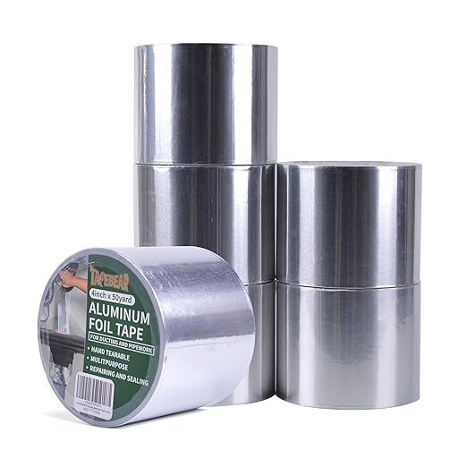 TAPEBEAR 6 Rolls Aluminum Foil Tape, Aluminum Air Duct Tape, Withstand 80°C to 100°C, Heat Resistant Tape Insulation Tape for HVAC, Sealing & Patching, Metal Repair, 4inch x 50yard