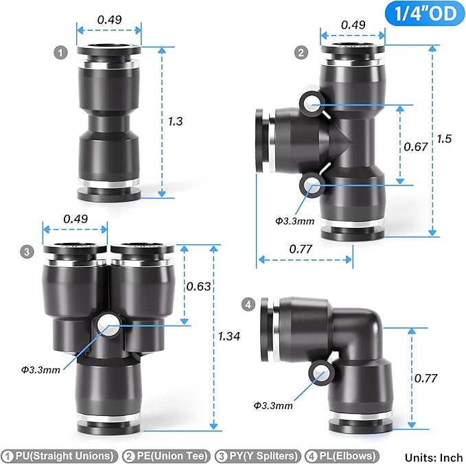 TAILONZ PNEUMATIC Black 1/4 Inch od Push to Connect Fittings Pneumatic Fittings Kit 10 Spliters+10 Elbows+10 tee+10 Straight (40 pcs)
