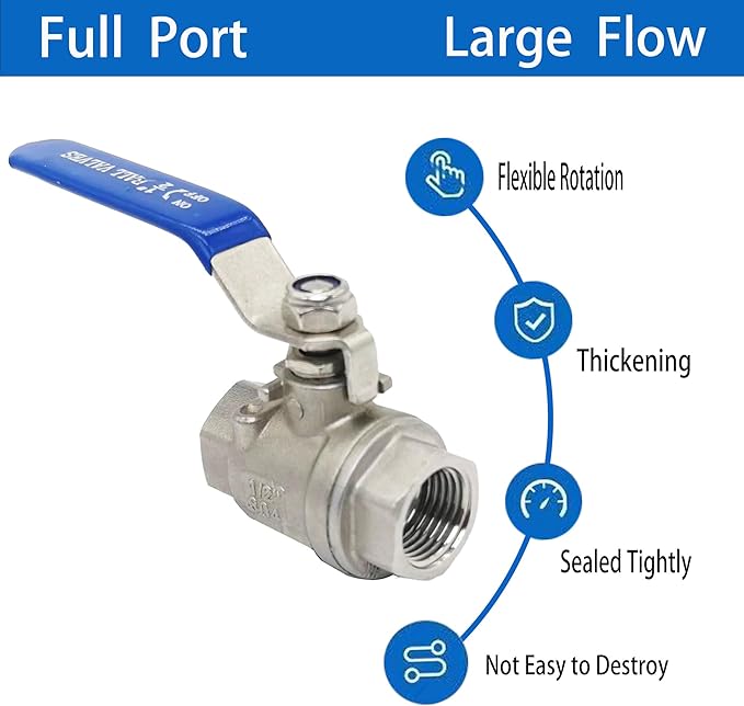 Full Port Ball Valve 1/2" NPT Heavy Duty Stainless Steel 304 For Water,Oil and Gas with Blue Handles （pack of 2）