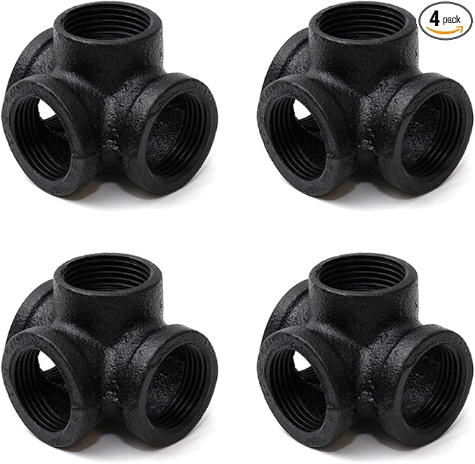3/4" Black 4-Way Side Outlet Tee, Home TZH 4-Pack 4-Way Corner Cast Black Malleable Iron Pipe Fitting for Industrial Pipe, Furniture and DIY Decoration (4, Black 3/4 Inch)