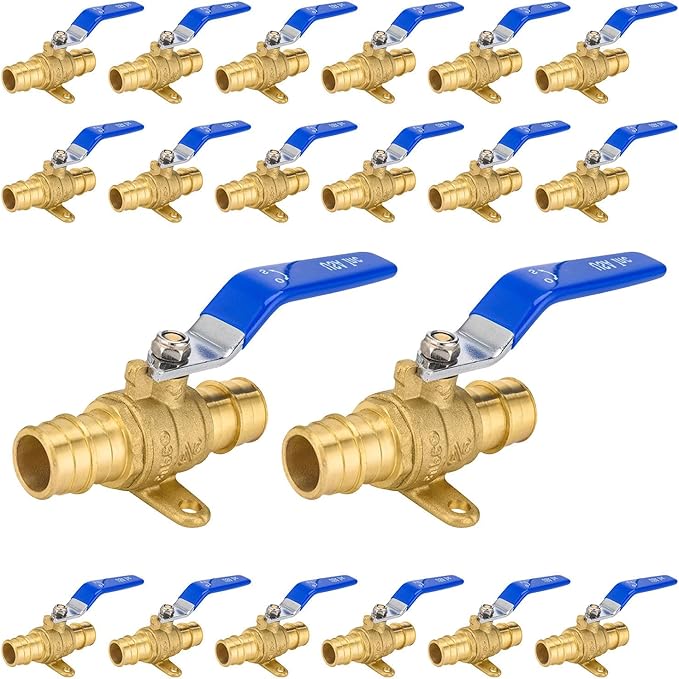 20-Pack Foskan 3/4" Brass PEX Expansion Drop Ear Ball Valve with Blue Handle, Full Port Shut-off Valve for Hot and Cold Water Distribution