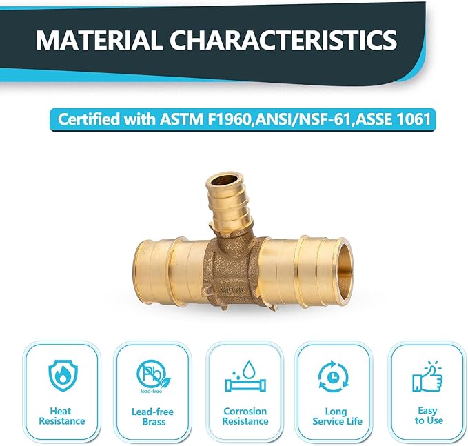 (10-Pack) Seelink PEX-A Expansion Fittings, 1" x 1" x 1/2" PEX-A Tee, Brass Expansion Pipe Fittings, for PEX Tubing Pipe Hose Fittings, ASTM F1960