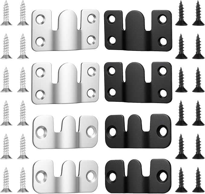 4 Pairs Flush Mount Bracket with Screws Stainless Steel Heavy Duty Photo Frame Hook Furniture Connector Art Gallery Wall Mount Hardware for Hanging Large Picture Display (Silver, Black)