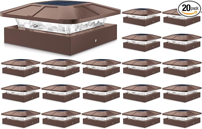 Peasur 4x4 Solar Post Cap Lights Outdoor with 3 Modes, 20 Packs Brown Fence Deck Light Solar Powered Waterproof, Wood/Vinyl Posts Top Lights for Yard Garden Patio Porch Railing Outside