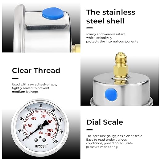 0-160 Psi Glycerin Liquid Filled Low Pressure Gauge, 2.5" Dial Size, 1/4" NPT Back Mount, 304 Stainless Steel Case, for Water Pipe, HVAC, Water Oil Air Pressure Test