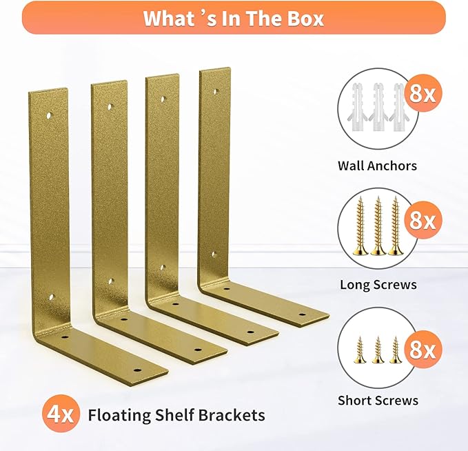 L Shelf Brackets 10 inch, Gold Heavy Duty Iron Shelf Brackets, Industrial Modern Floating Shelf Support for Wall Mount Shelves
