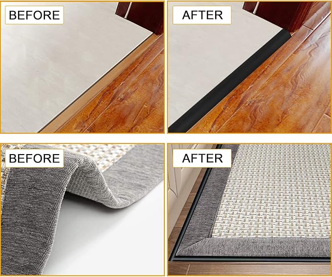 Floor Rubber Transition Strip Self Adhesive Carpet to Tile Transition Strip Edging Trim Strip for Threshold Transitions with a Height Less Than 5 mm/0.2in (Black, 16.4FT)