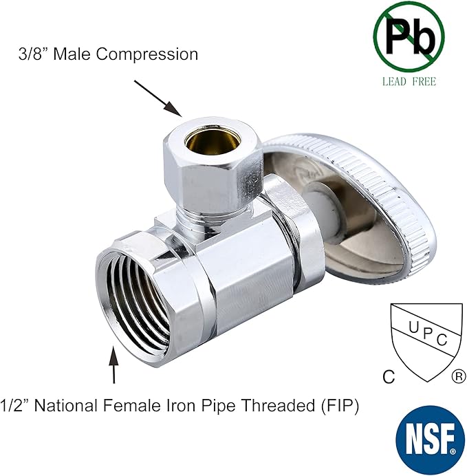 (10-Pack) Cyrret Angle Stop Shut off Valve Multi-Turn 1/2-Inch FIP Inlet X 3/8-Inch Compression Outlet, No Lead Brass Chromed, CUPC NSF AB1953 Approved