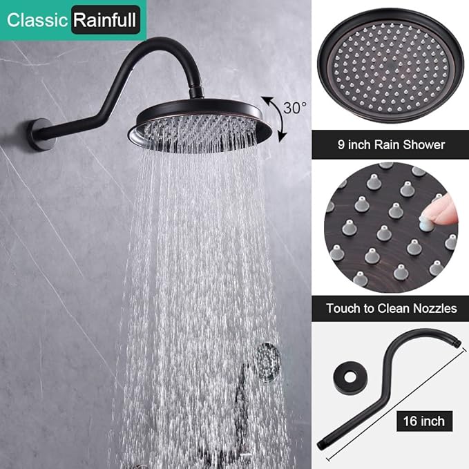 Antique Shower Faucet-Sets Fixtures: 9 inch Wall Rain Head with Handheld Spray and Body Jets, 3 Way Diverter Rough in Valve System included Trim Kit, Oil Rubbed Bronze