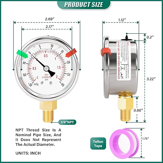 -30inHG-30PSI Stainless Steel Liquid Filled Pressure Gauge, 2.5" Dial Size, 1/8" NPT Lower Mount, for Tube, Water Pump, Gas, Liquid, Pressure Test (with Range Mark Pointer)