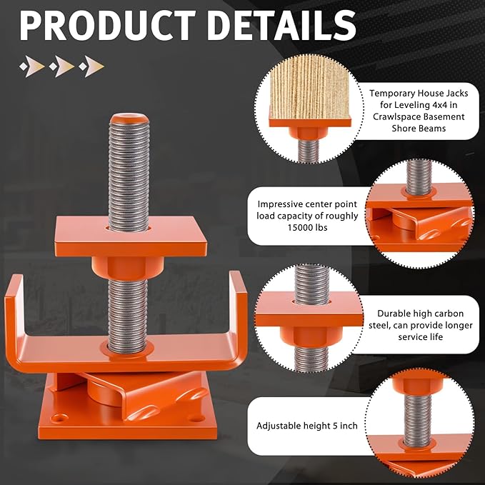 Lasnten 1 Pcs Timber Jack Adjustable Screw Jack Post with 5" Adjustment Range for Crawl Space Shoring Basement Beam Support House Floor Leveling Foundation Joist Lifting(4x4 with 15,000 Lbs Capacity)