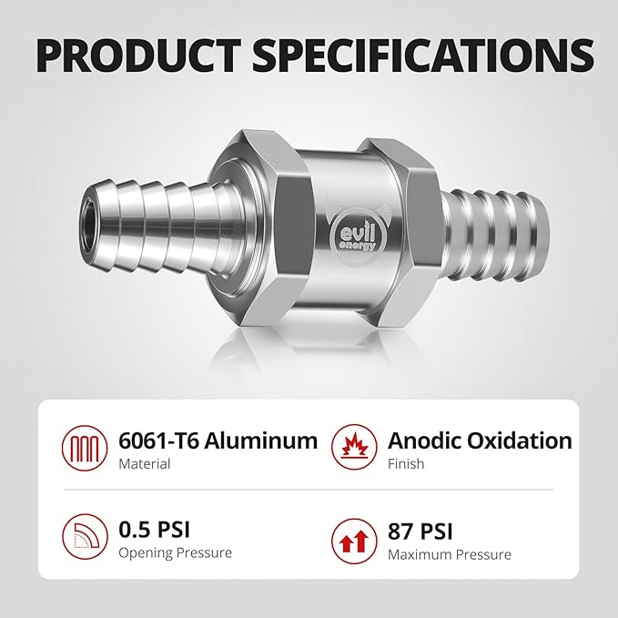 EVIL ENERGY 3/8" (10mm) Check Valve, 2 Pcs Aluminum One Way Fuel Check Valve for Gasoline, Diesel & Coolant with Universal Hose Clamps, Silver