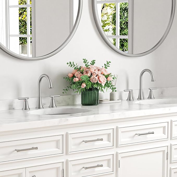 Bathroom Faucets for Sink 3 Hole, Hurran Brushed Nickel Bathroom Sink Faucet with Pop-up Drain and Supply Lines, Stainless Steel Lead-Free Widespread Faucet for Vanity RV, 2 Pack