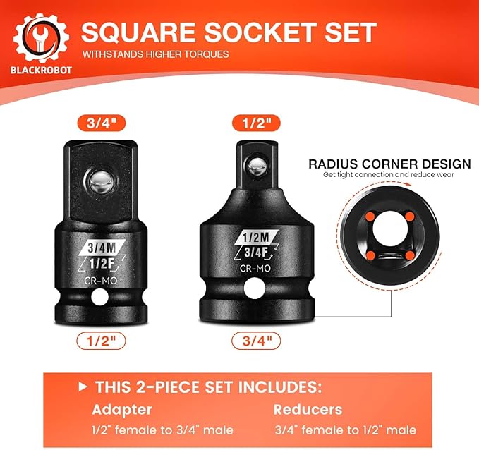 BLACKROBOT 2PCS Impact Socket Adapter and Reducer Set, 1/2" to 3/4" & 3/4" to 1/2" Socket Adapter Set, SAE Drive Cr-Mo Steel Exceeds ANSI Standards, Square Drive Adapter for Impact Driver Wrench