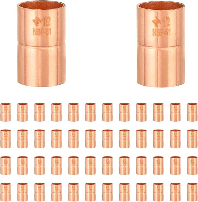 50-Pack HeSun Copper Fittings, 1/2-Inch Copper Coupling with Rolled Stop, C x C with Sweat Solder Connection(COPPER001)