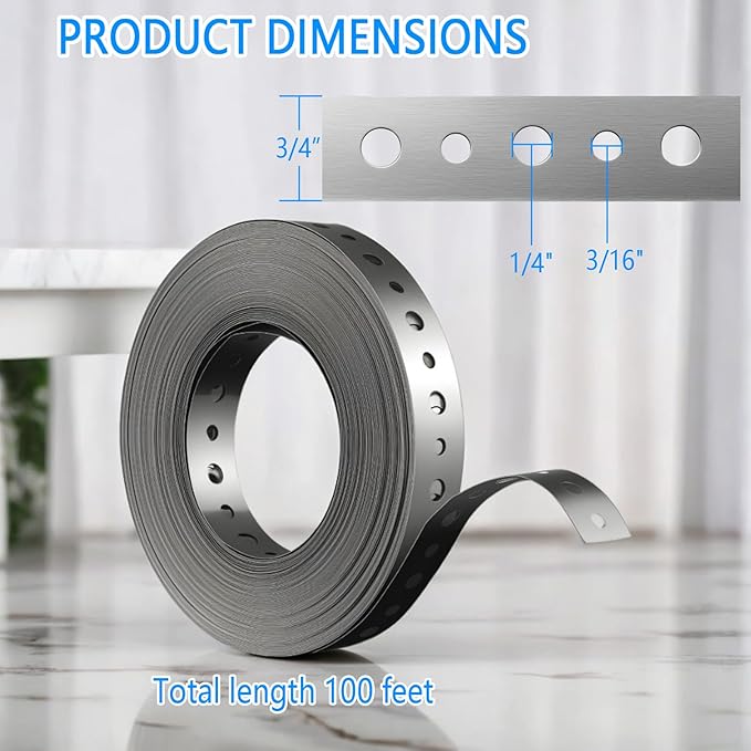Galvanized Metal Pipe Strap 3/4" x 100 FT, 32-Gauge - Metal Hanger Strapping with Holes for Pipe Support, Flexible Trimming | Includes Storage Case & Gloves