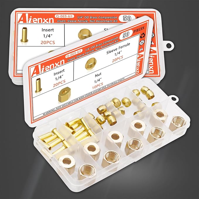 50PCS 1/4" Brass Compression Fittings Assortment kit, Insert, Sleeve Ferrule, Nut for Connecting air, Fuel, Water, Oil and inert Gases Lines