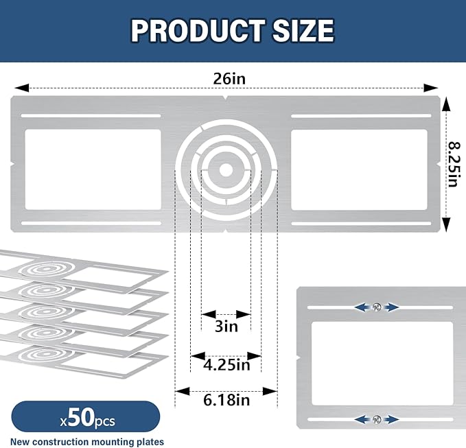 24 Pcs New Construction Mounting Plate 3/4/6 Inch LED Recessed Lighting Kits Shallow Recessed Lighting Housing Flat Steel Rough in Bracket for LED Light Bar Fixture