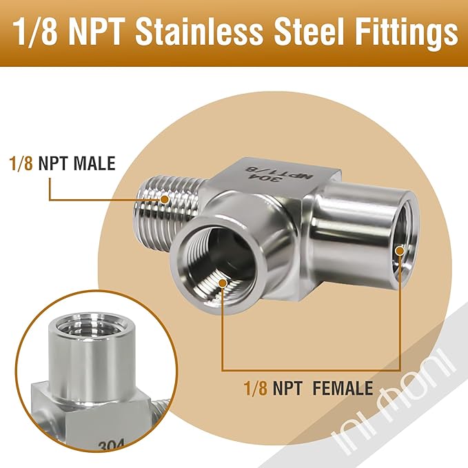 1/8 NPT tee pipe fitting female x female x male 3 ways T thread pipe adapter, stainless steel male run tee fitting connector for for oil pressure gauge, 4350 psi