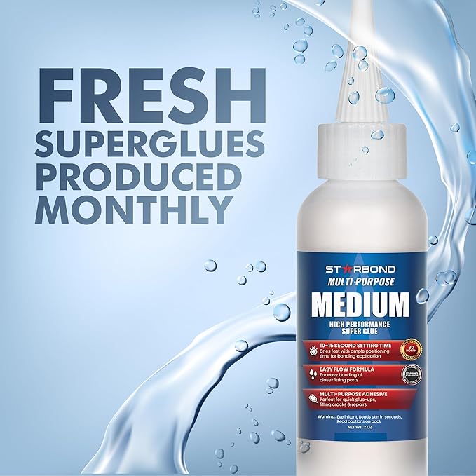 Starbond Medium Super Glue Pro Kit (2 oz) – Strong, Fast-Bonding CA Glue (Cyanoacrylate Adhesive) – with Clog-Resistant Cap, Microtips & Extra Nozzle for Quick Fixes, Woodworking, Hobby Models