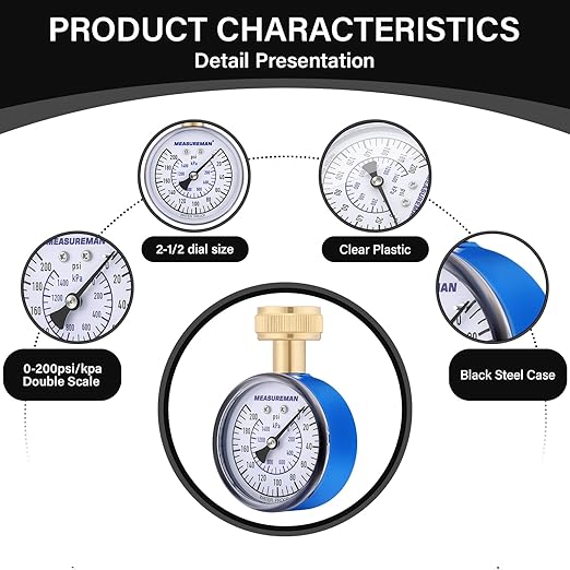 MEASUREMAN Blue 0-200 PSI Water Pressure Gauge, 2-1/2'' Dial, Hose bib Pressure Gauge, Home Water Pressure Tester, Durable 3/4” Hose Thread, Water Pressure Gauge for Home
