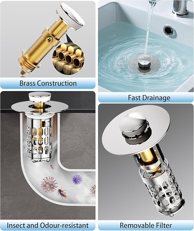Upgraded Bathroom Sink Stopper – Universal Pop-Up Drain Plug with Anti-Clog Hair Catcher, Durable Stainless Steel & Silicone Seal, Fits Standard 1.1-1.5 Inch Sink Drains, Silver