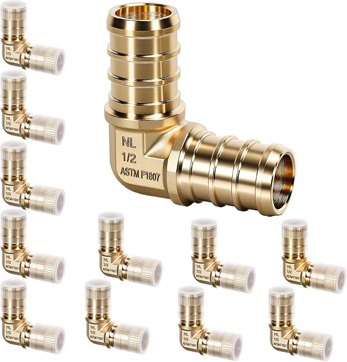PEX Fittings 1/2 Inch, 12PCS Elbow Lead-Free Brass Connectors for PEX B Pipe, NSF UPC Certified, ASTM F1807, Compatible with Crimp/Clamp Rings (Hot/Cold Water, Hydronic Heating)