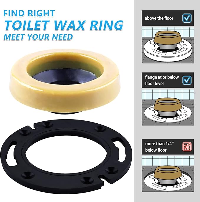 Toilet Flange with Wax Ring for Toilets Replacement Kit Includes Bolts PVC Toilet Flange Repair Kit for 3" or 4" Pipes, Fit Toilet Install & Repair