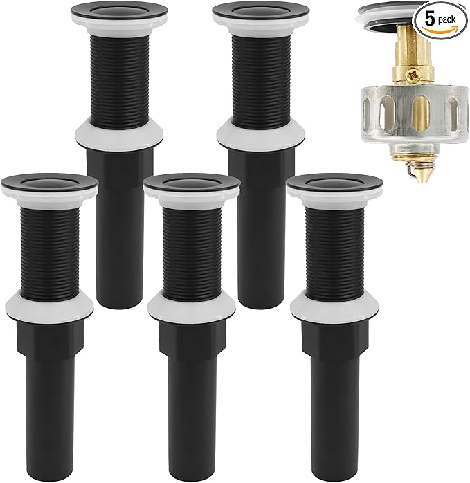 Bathroom Sink Drain,5 Pack Matte Black Drain Stopper Without Overflow,Small Cap Pop Up Drain Assembly with Detachable Strainer Basket,Built-in Anti-Clogging, Stainless Steel Nut