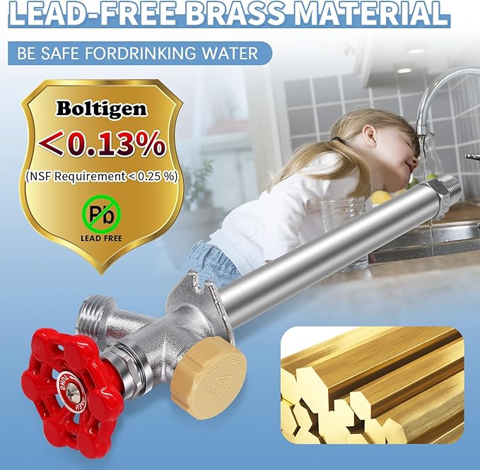 Boltigen 8inch Anti-Siphon Frost Free Proof Sillcock, No Lead Brass Outdoor Faucet Bib with Backflow Preventer, 1/2" Push-to-Fit Connector X 3/4 Inch Hose Bibb Spigot