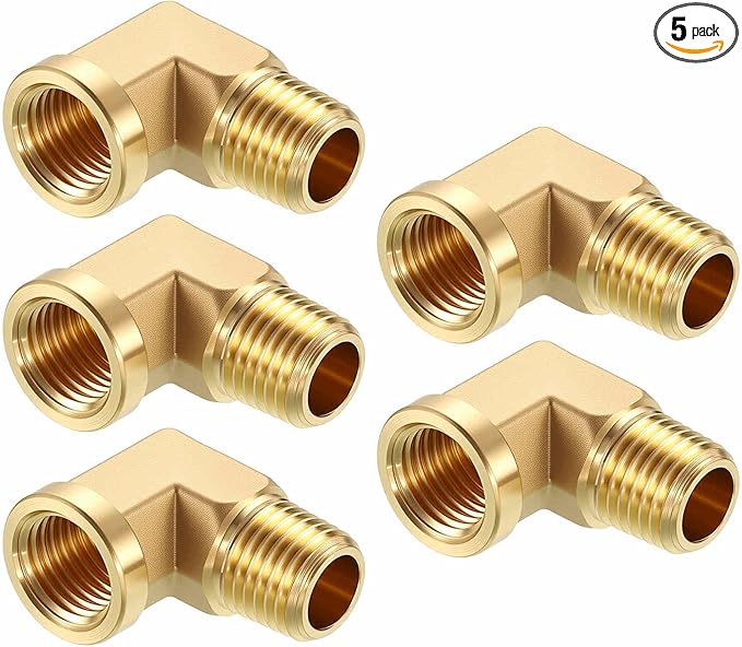 Pack of 5, 90° 1/4" FeMale NPT to 1/4" Male NPT Solid Brass Barstock Street Elbow, Forged Pipe Fitting for Pipe Leak Repair, Bathroom Remodeling, Tool Extension, Compression