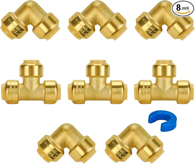SUNGATOR Push Fittings 1/2 inch, 90 Degree Elbow (5 PCS), Tee (3 PCS), No Lead Brass Push-to-Connect Plumbing Fittings for Pex Pipe, Copper, CPVC, with 1 Disconnect Clip, Pack of 8